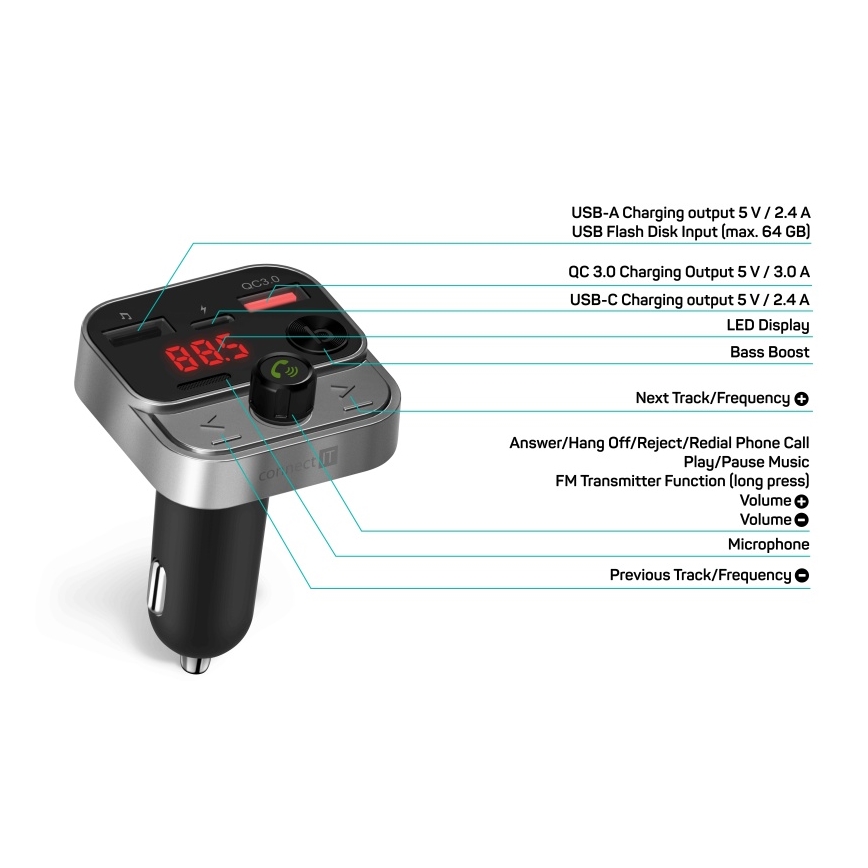 CONNECT IT CCC-8900-AN - FM car transmitter with hands-free function black/silver