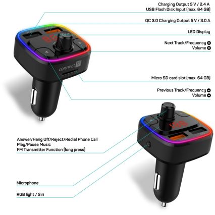 CONNECT IT CCC-9090-BK - LED RGB FM car transmitter with hands-free function black