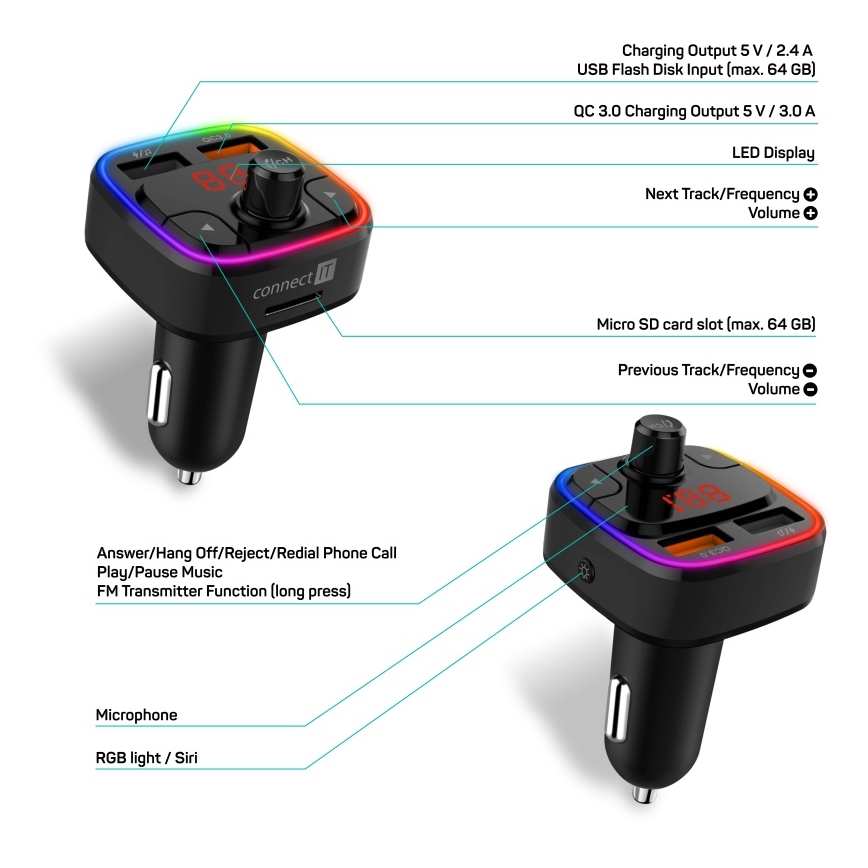 CONNECT IT CCC-9090-BK - LED RGB FM car transmitter with hands-free function black