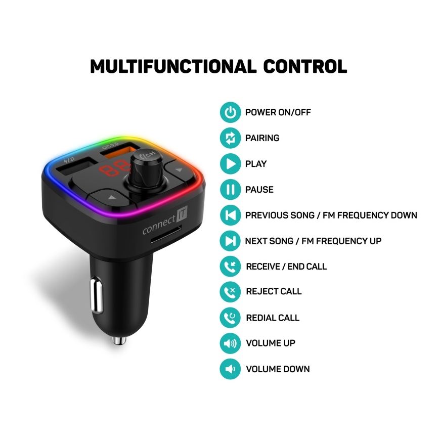 CONNECT IT CCC-9090-BK - LED RGB FM car transmitter with hands-free function black