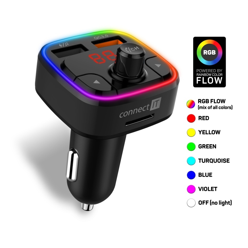 CONNECT IT CCC-9090-BK - LED RGB FM car transmitter with hands-free function black
