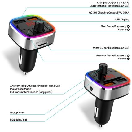 CONNECT IT CCC-9090-SL - LED RGB FM car transmitter with hands-free function black/silver