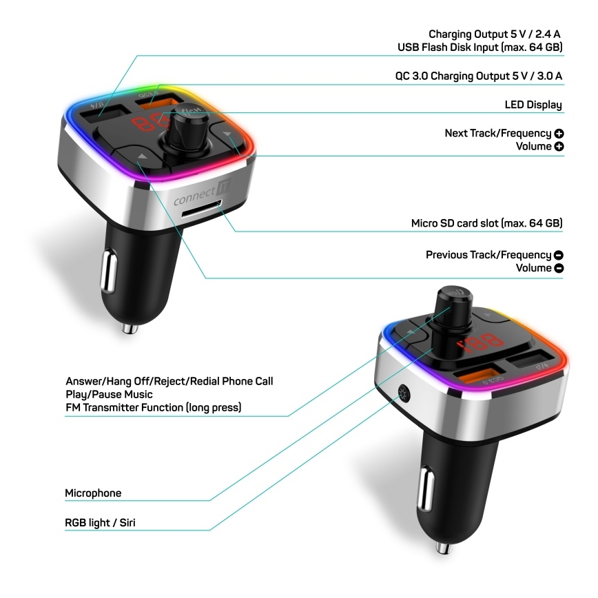 CONNECT IT CCC-9090-SL - LED RGB FM car transmitter with hands-free function black/silver