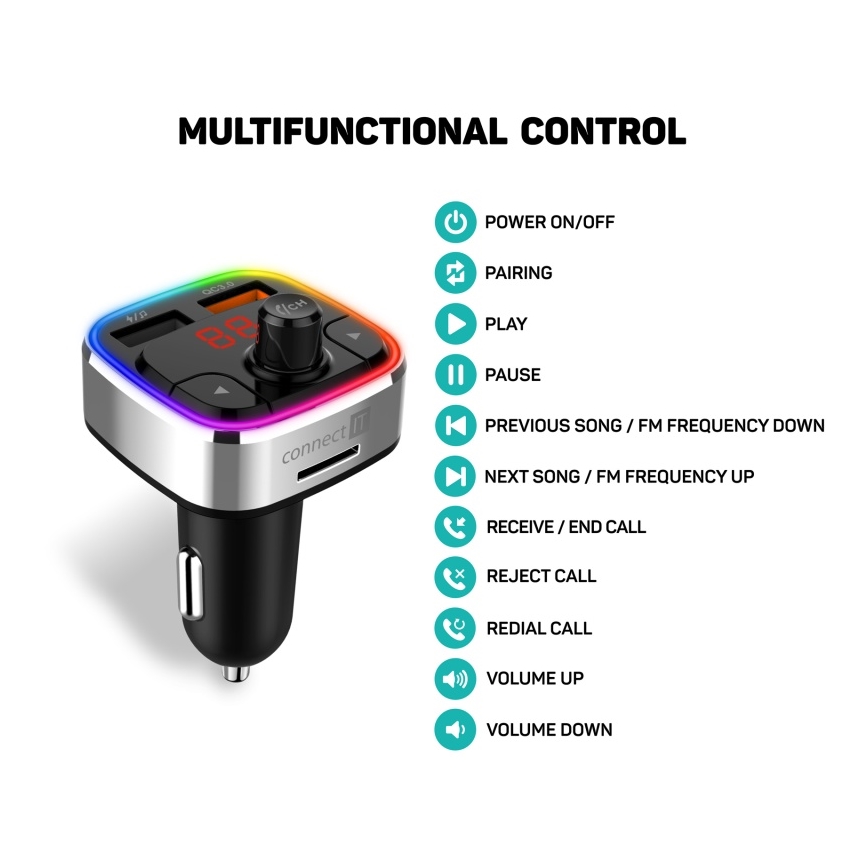 CONNECT IT CCC-9090-SL - LED RGB FM car transmitter with hands-free function black/silver