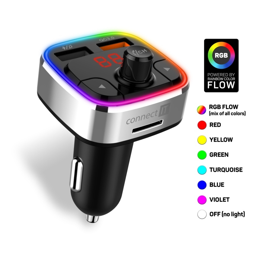 CONNECT IT CCC-9090-SL - LED RGB FM car transmitter with hands-free function black/silver