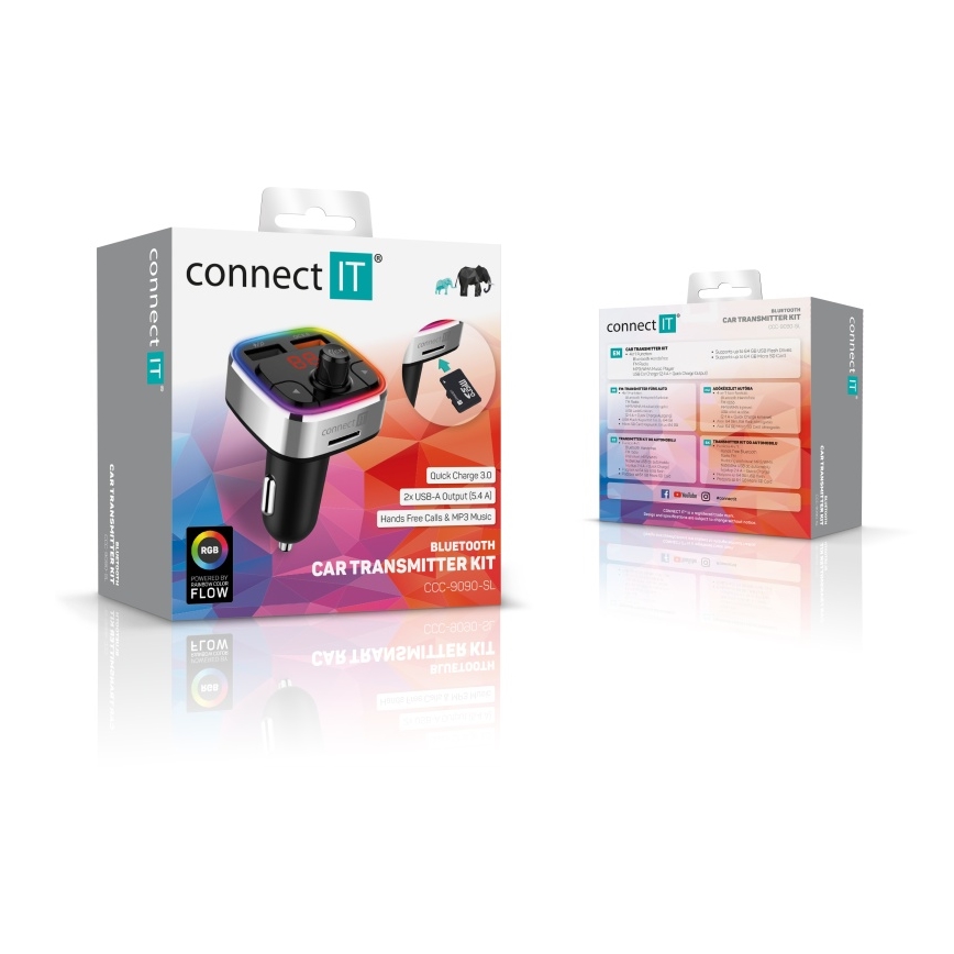 CONNECT IT CCC-9090-SL - LED RGB FM car transmitter with hands-free function black/silver