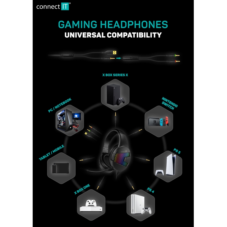 CONNECT IT CHP-3595-BK - LED RGB Wired gaming headphones with a microphone black