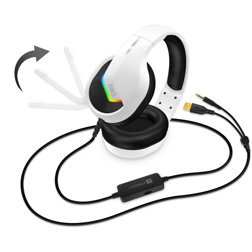 CONNECT IT CHP-3595-WH - LED RGB Wired gaming headphones with a microphone white/black