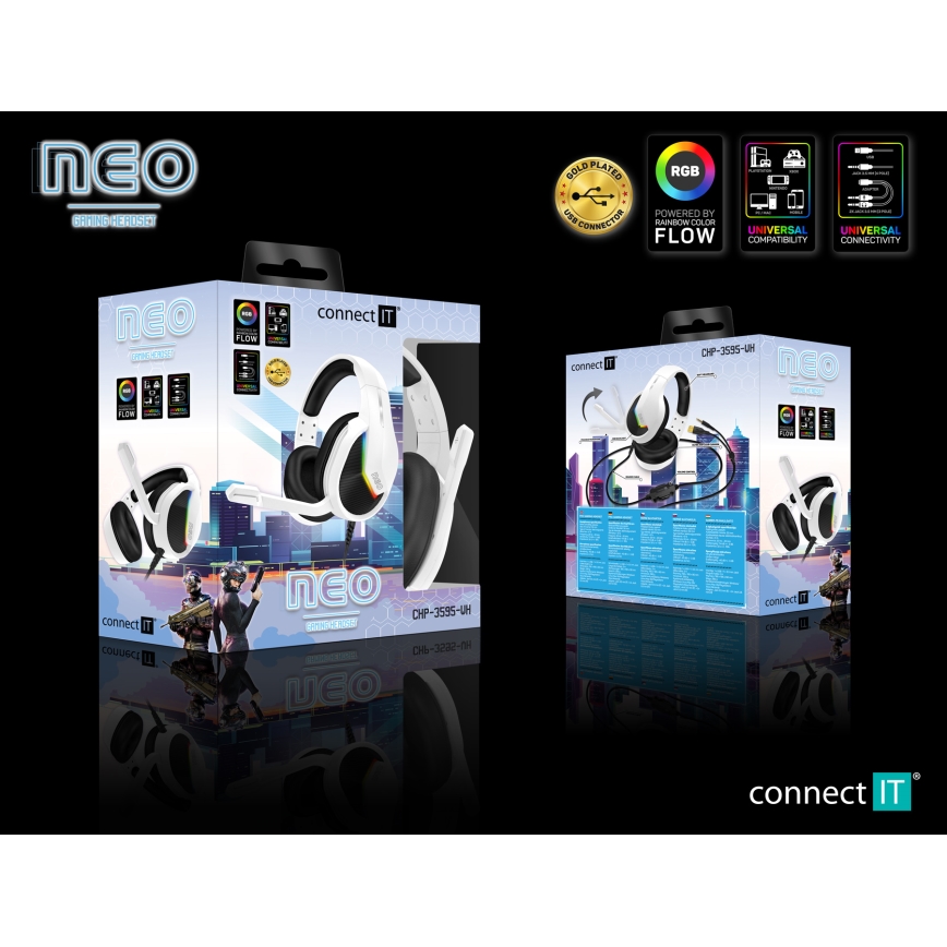 CONNECT IT CHP-3595-WH - LED RGB Wired gaming headphones with a microphone white/black