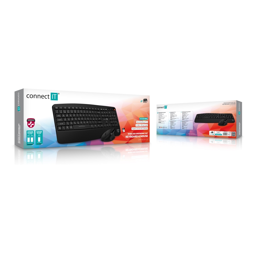 CONNECT IT CKM-6010-CS - Ergonomic wireless keyboard and mouse 800/1200/1600/2400 DPI with CZ/SK localization 1xAA + 2xAAA black