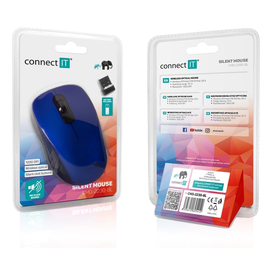 CONNECT IT CMO-2230-BL - Wireless silent mouse MUTE 1200 DPI 1xAA black/blue