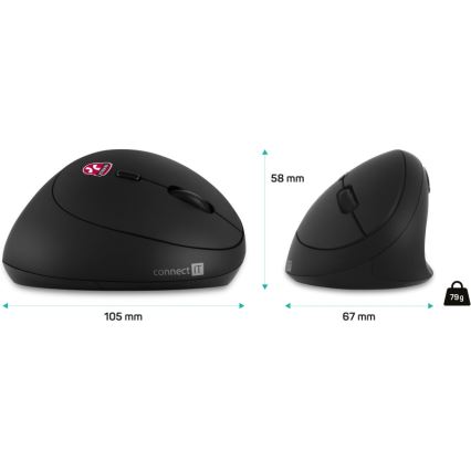 CONNECT IT CMO-2600-BK - Ergonomic Wireless Mouse 800/1200/1600 DPI 1xAA Black