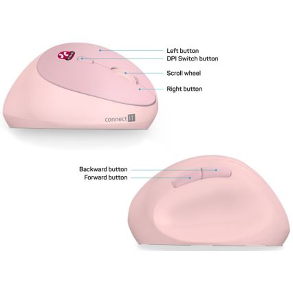 CONNECT IT CMO-2600-PK - Ergonomic Wireless Mouse 800/1200/1600 DPI 1xAA Pink