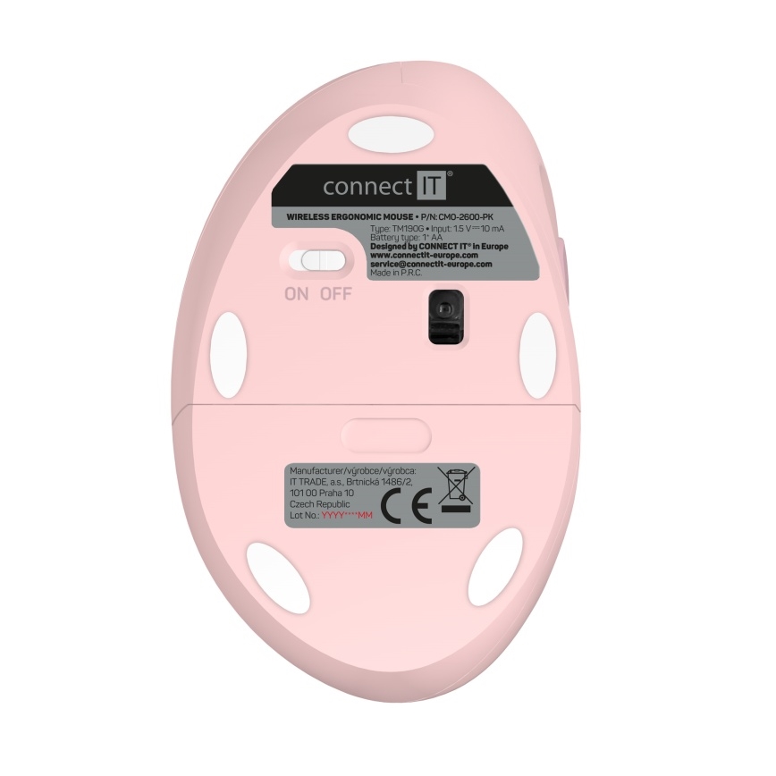 CONNECT IT CMO-2600-PK - Ergonomic Wireless Mouse 800/1200/1600 DPI 1xAA Pink
