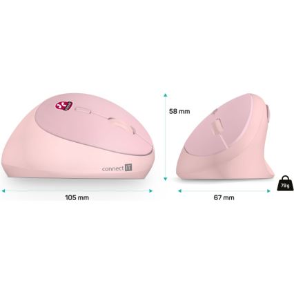 CONNECT IT CMO-2600-PK - Ergonomic Wireless Mouse 800/1200/1600 DPI 1xAA Pink