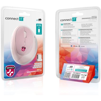 CONNECT IT CMO-2600-PK - Ergonomic Wireless Mouse 800/1200/1600 DPI 1xAA Pink
