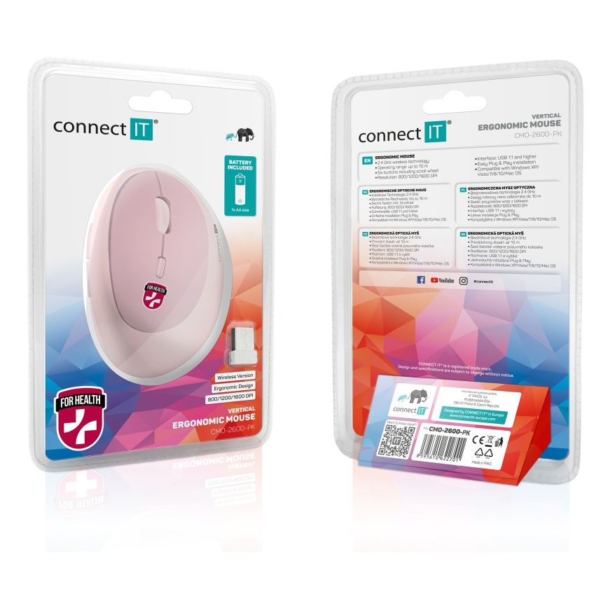 CONNECT IT CMO-2600-PK - Ergonomic Wireless Mouse 800/1200/1600 DPI 1xAA Pink
