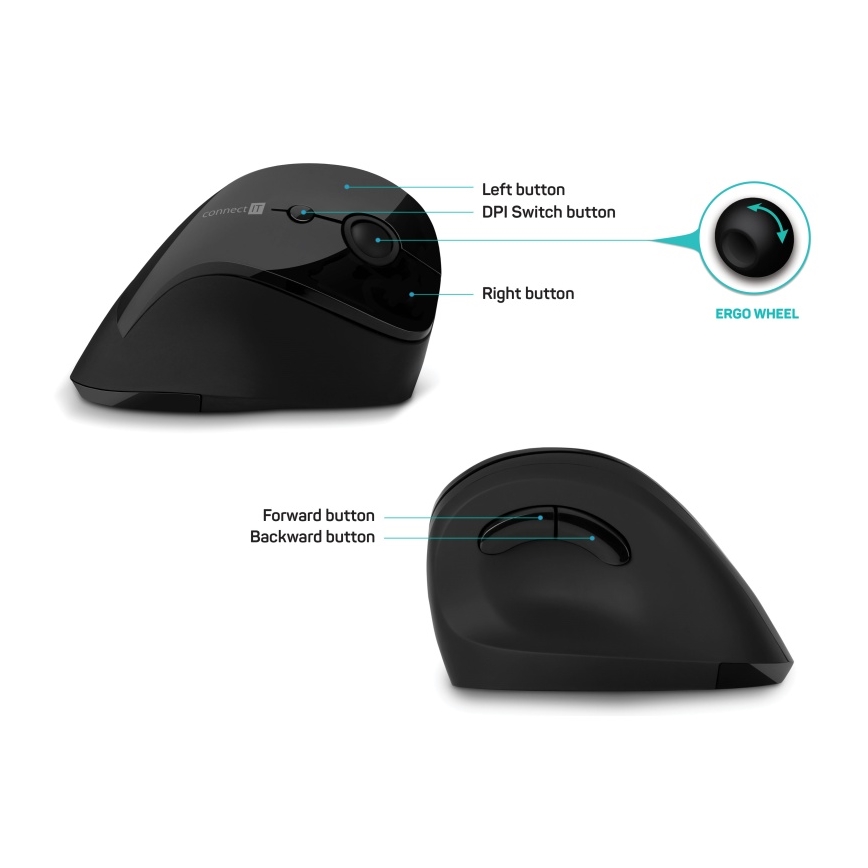CONNECT IT CMO-2700-BK - Ergonomic wireless mouse 800/1200/1600 DPI 1xAA black