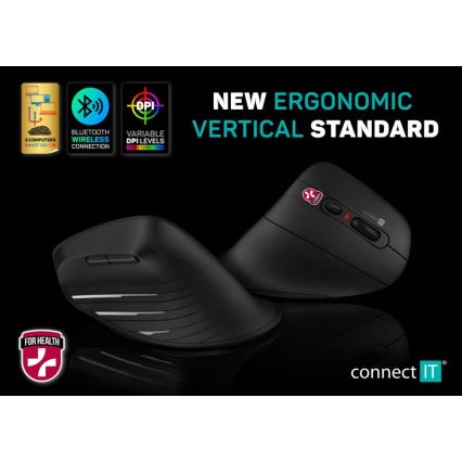 CONNECT IT CMO-2880-BK - Ergonomic Verti TriMode Wireless Mouse, 1000/1600/2400 DPI, 2xAAA, Black