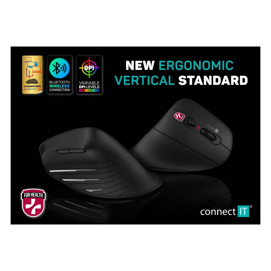 CONNECT IT CMO-2880-BK - Ergonomic Verti TriMode Wireless Mouse, 1000/1600/2400 DPI, 2xAAA, Black
