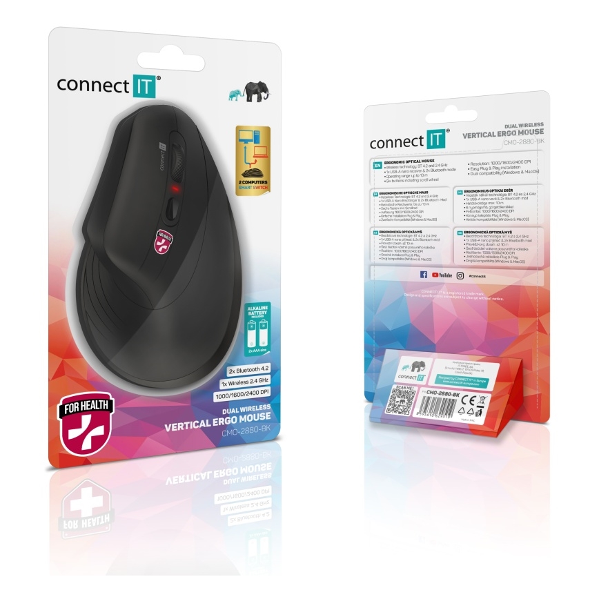CONNECT IT CMO-2880-BK - Ergonomic Verti TriMode Wireless Mouse, 1000/1600/2400 DPI, 2xAAA, Black