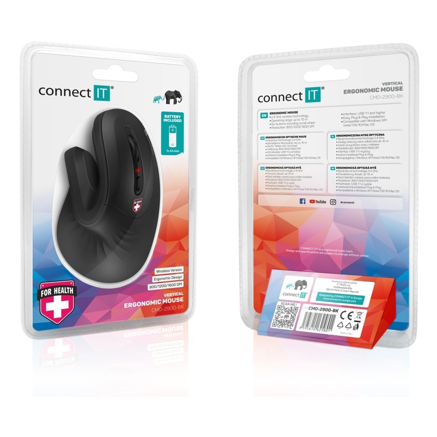 CONNECT IT CMO-2900-BK - Ergonomic wireless mouse 800/1200/1600 DPI 1xAA black