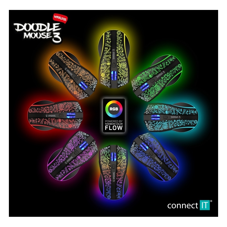 CONNECT IT CMO-3530-DD - LED RGB Wireless rechargeable gaming mouse 800/1200/1600/2400/4800 DPI 600 mAh black