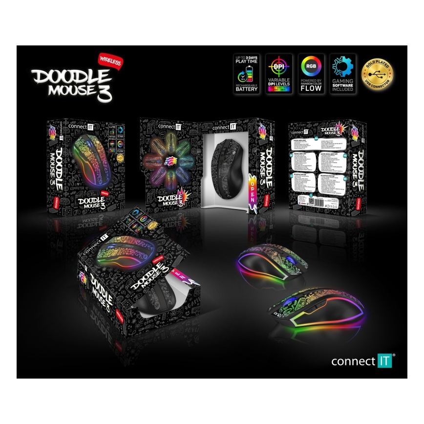 CONNECT IT CMO-3530-DD - LED RGB Wireless rechargeable gaming mouse 800/1200/1600/2400/4800 DPI 600 mAh black