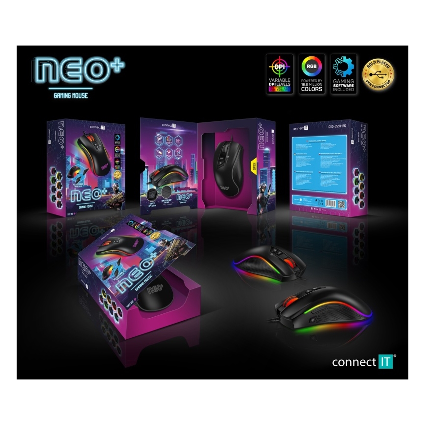CONNECT IT CMO-3591-BK - LED RGB Wired gaming mouse 500-7200 DPI black