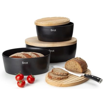 Continenta C3730 - Bread Bin with Lid, 30 x 23 cm, Black/Rubberwood
