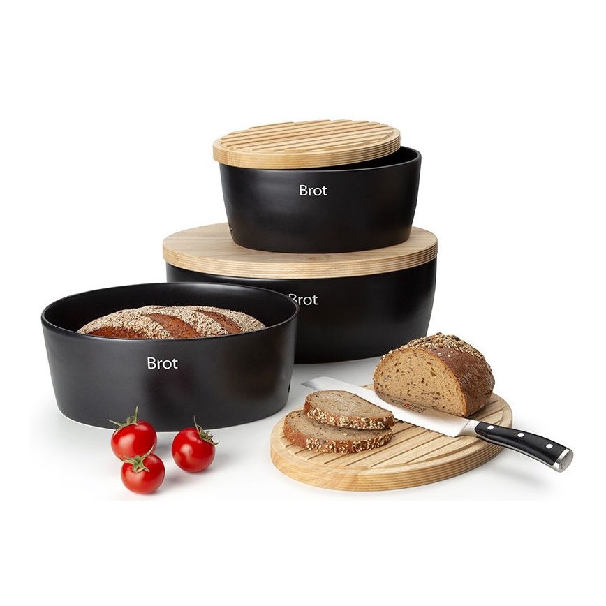 Continenta C3730 - Bread Bin with Lid, 30 x 23 cm, Black/Rubberwood