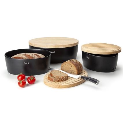 Continenta C3730 - Bread Bin with Lid, 30 x 23 cm, Black/Rubberwood