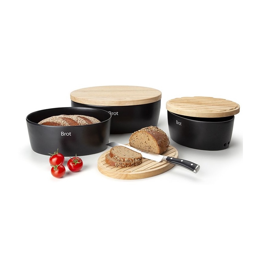 Continenta C3730 - Bread Bin with Lid, 30 x 23 cm, Black/Rubberwood