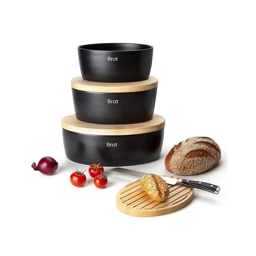 Continenta C3730 - Bread Bin with Lid, 30 x 23 cm, Black/Rubberwood