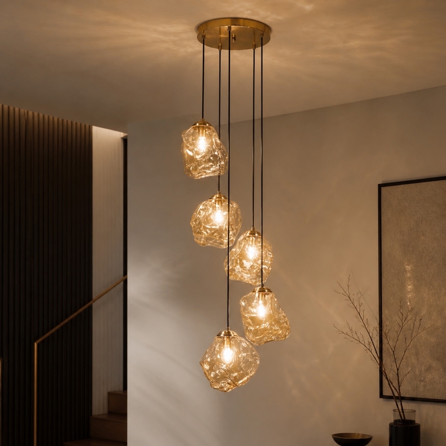 CRISTAL cable chandelier 5xE14/15W/230V, brass/smoky beige