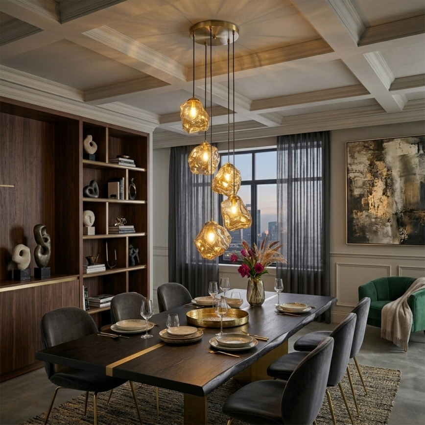 CRISTAL cable chandelier 5xE14/15W/230V, brass/smoky beige