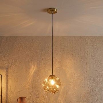CRISTAL cable-hung pendant light, 1x E14 / 15W / 230V, brass / smoky beige