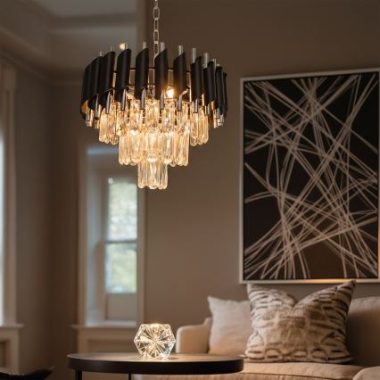 CRISTAL Chain Chandelier 5xE14/10W/230V Ø 38 cm, Black/Matte Chrome