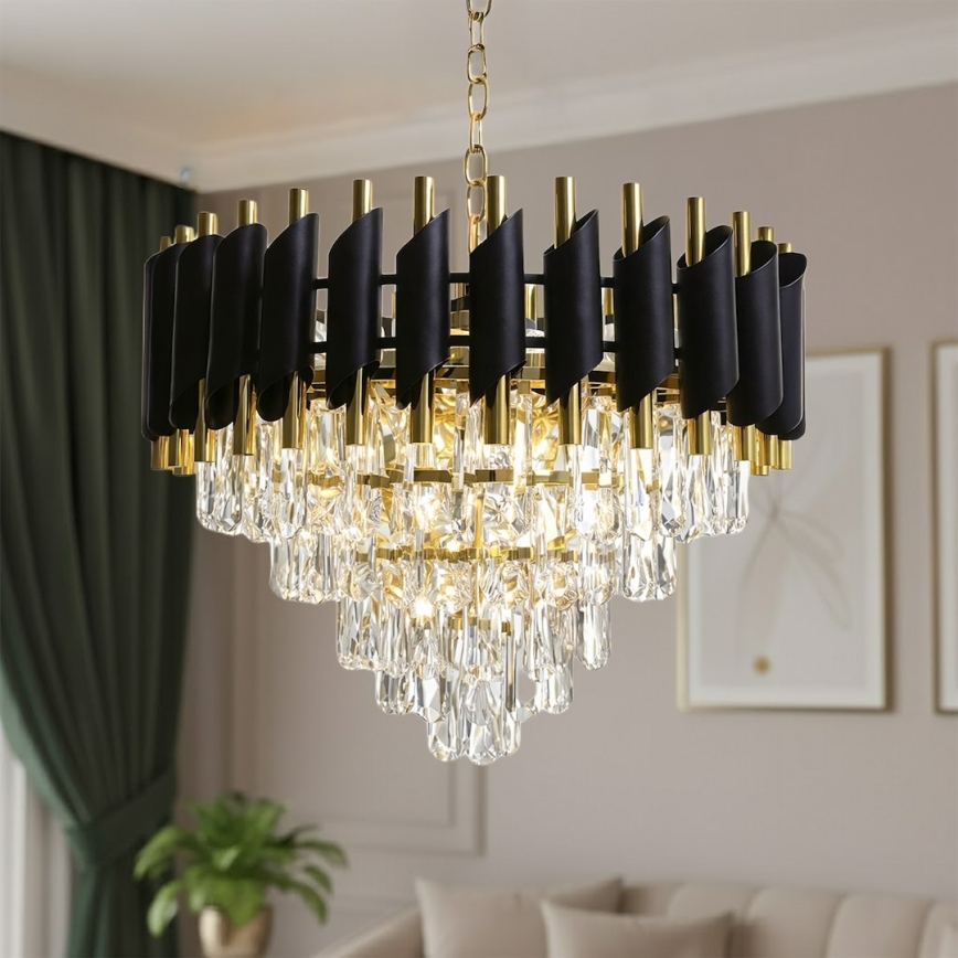 CRISTAL chain-hung chandelier, 7xE14/10W/230V, Ø 48 cm, black/gold
