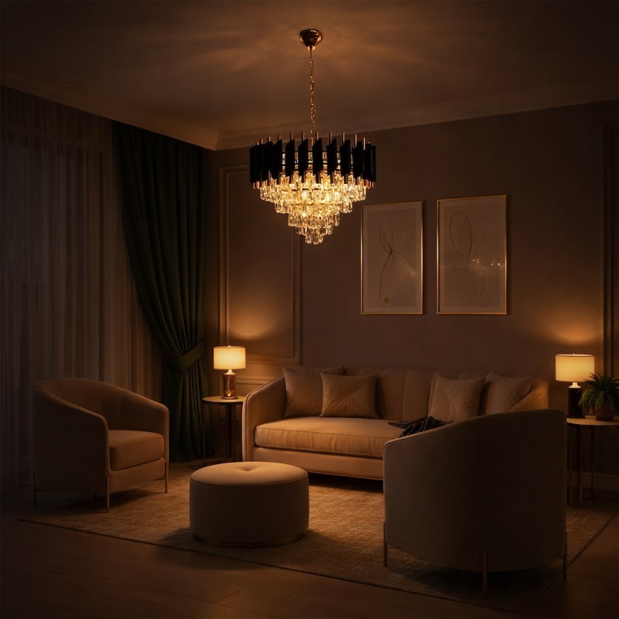 CRISTAL chain-hung chandelier, 7xE14/10W/230V, Ø 48 cm, black/gold