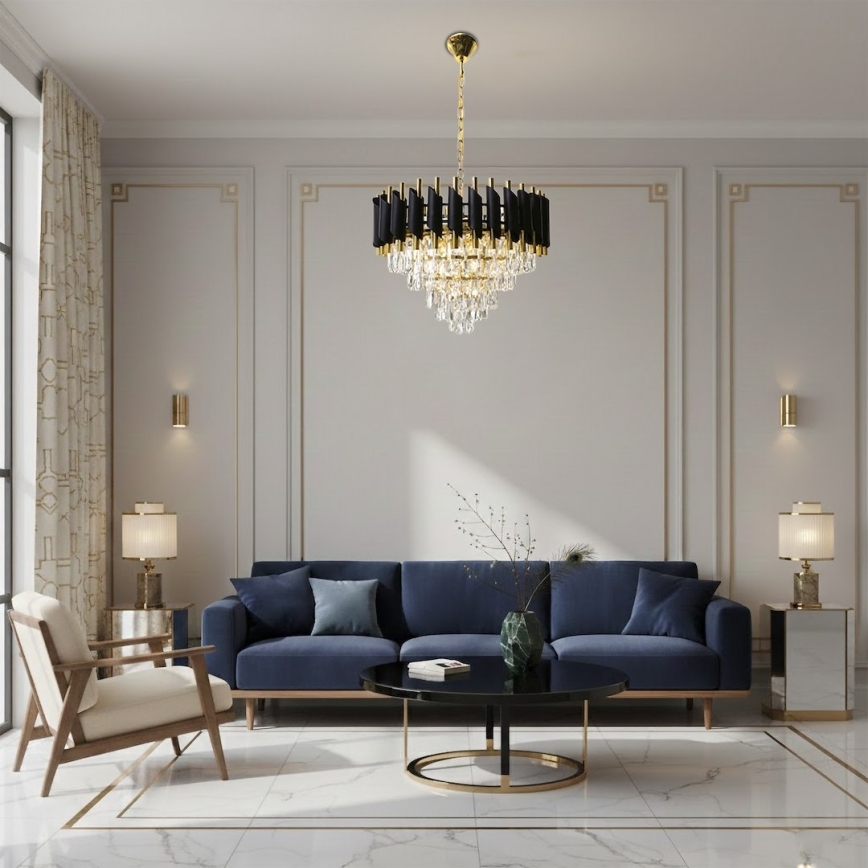 CRISTAL chain-hung chandelier, 7xE14/10W/230V, Ø 48 cm, black/gold