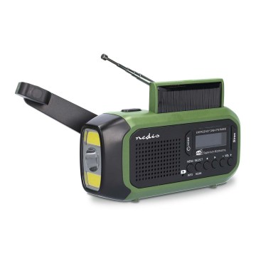 DAB+/FM hand-crank radio with solar panel and 5V/2500 mAh LED flashlight green/black