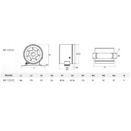 Dalap 24MF125 - Inline duct fan with an energy-efficient motor and adjustable speed controller MF 125 EC 20W/230V