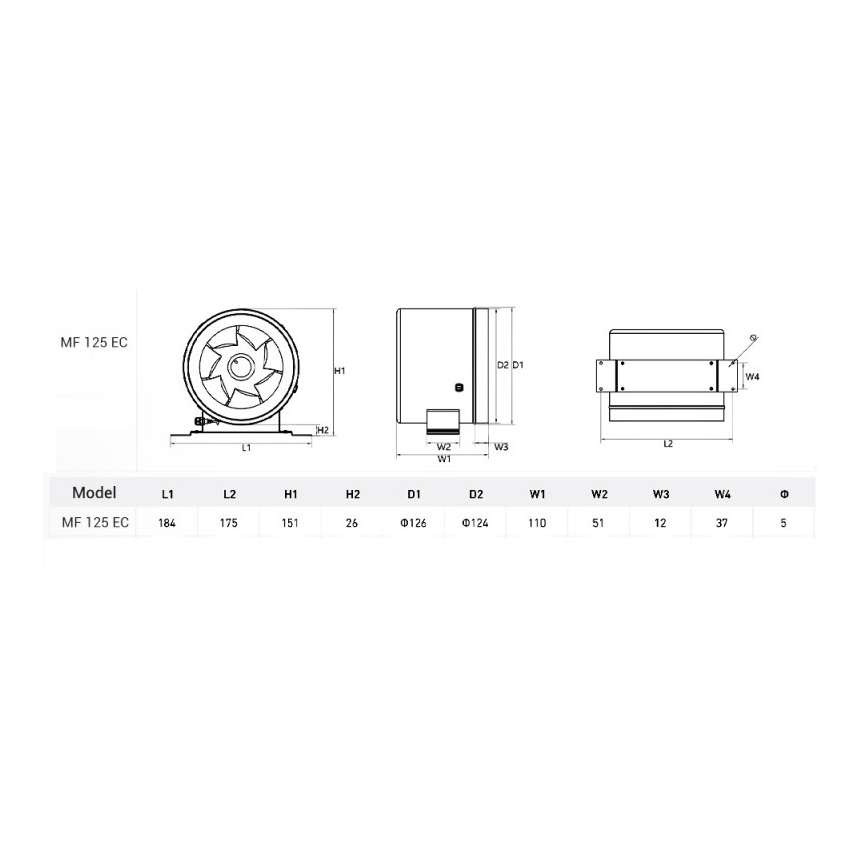 Dalap 24MF125 - Inline duct fan with an energy-efficient motor and adjustable speed controller MF 125 EC 20W/230V