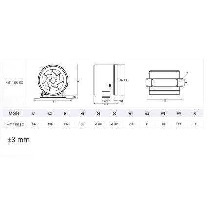 Dalap 24MF150 - Inline duct fan with an energy-efficient motor and speed controller MF 150 EC 40W/230V