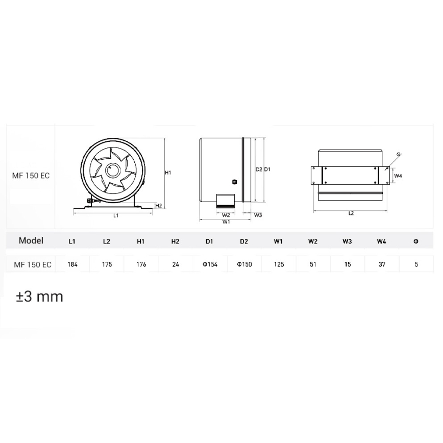 Dalap 24MF150 - Inline duct fan with an energy-efficient motor and speed controller MF 150 EC 40W/230V