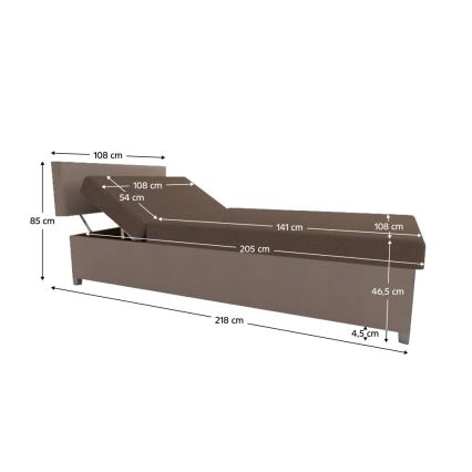 Upholstered daybed with adjustable reclining function and storage, DALLAS 108 x 205 cm, brown/dark brown