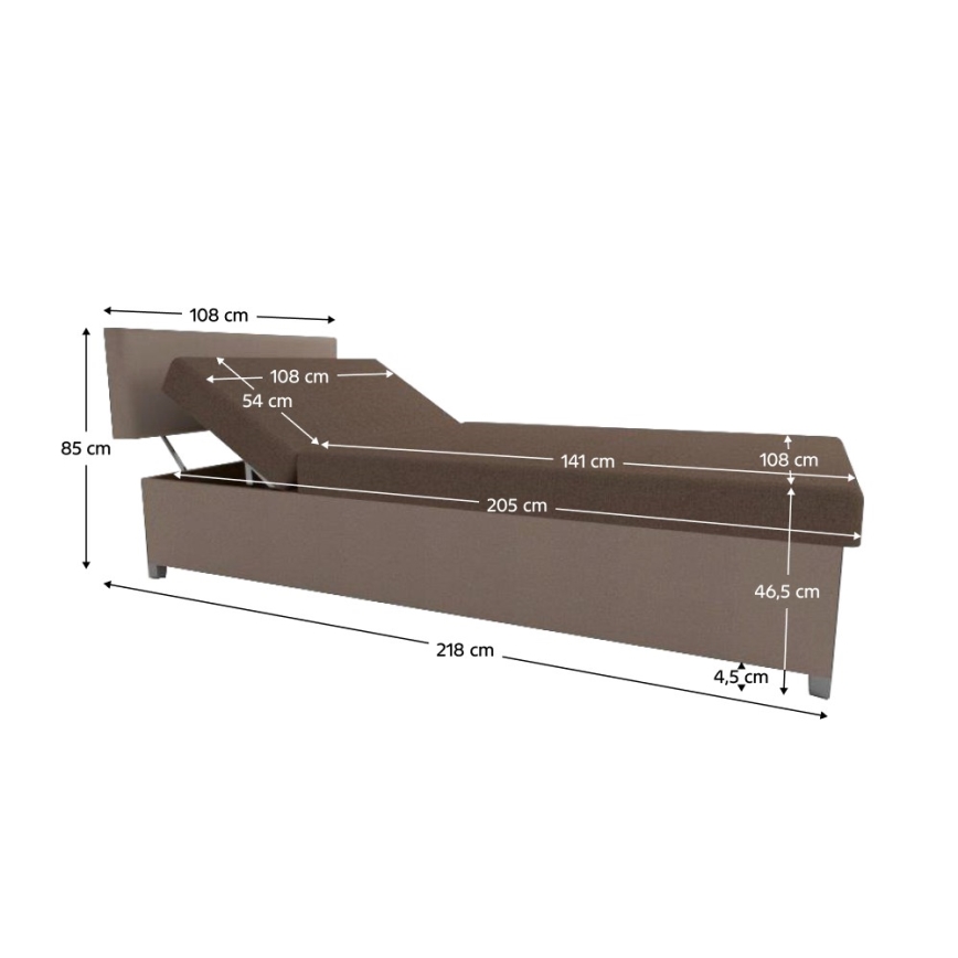 Upholstered daybed with adjustable reclining function and storage, DALLAS 108 x 205 cm, brown/dark brown