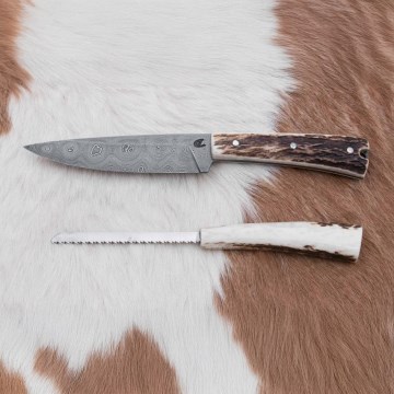 Damascus hunting dispatch knife with mini saw 12 cm deer antler