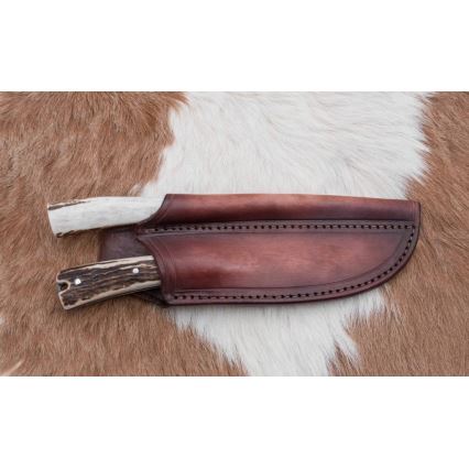 Damascus hunting dispatch knife with mini saw 12 cm deer antler